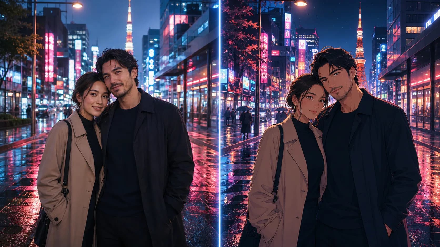 Foto pasangan diubah menjadi adegan anime romantis di Tokyo